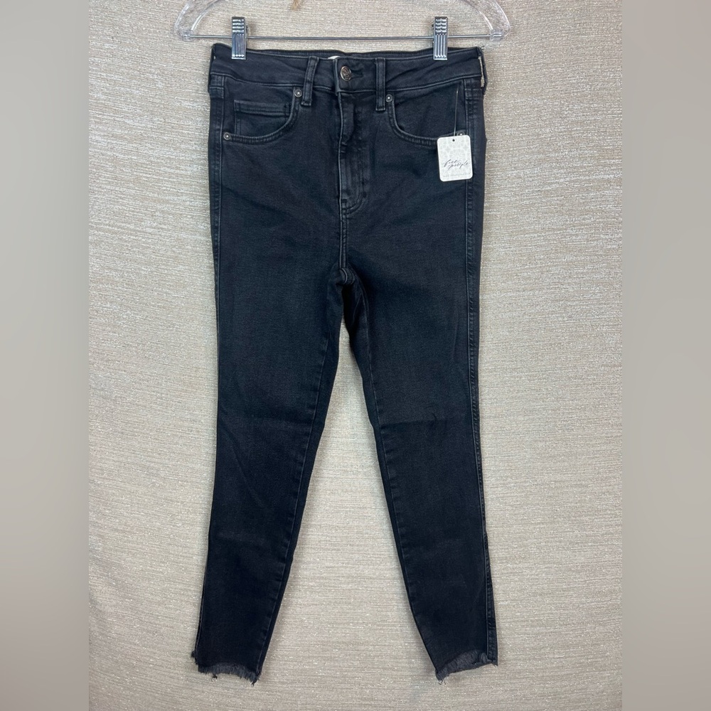 Free People Size 28 High Rise Washed Black Fringe Raw Hem Ankle Denim Jeans